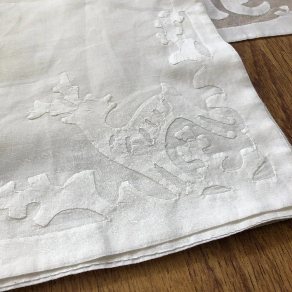 Antique Hungarian Buzsak Stag in the Woods Applique Lace Linen‎ Runner + Set